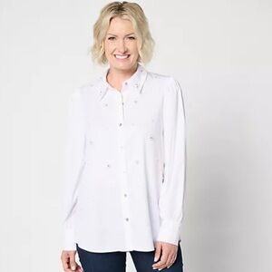 Dennis Basso Women’s White Cotton Button Front Top with Embellishments Size M